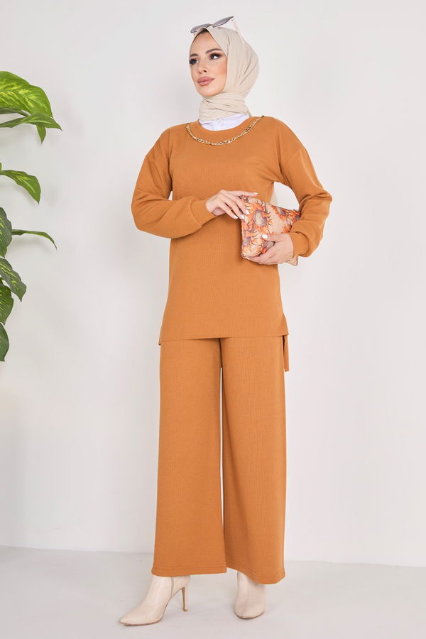 Düz Bisiklet Yaka Kadın Taba Tunik+Pantolon - 23039
