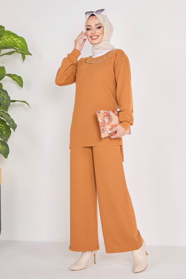 Düz Bisiklet Yaka Kadın Taba Tunik+Pantolon - 23039
