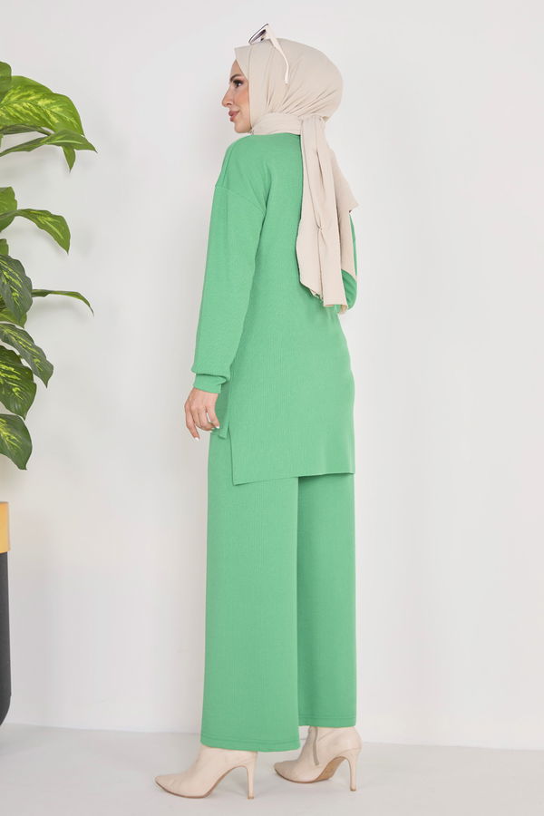 Düz Bisiklet Yaka Kadın Yeşil Tunik+Pantolon - 23039