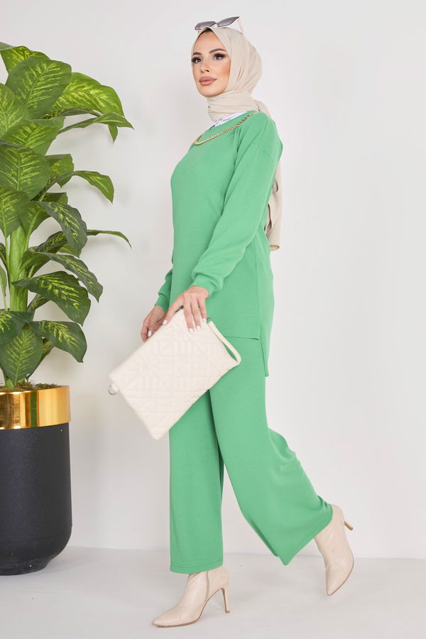 Düz Bisiklet Yaka Kadın Yeşil Tunik+Pantolon - 23039