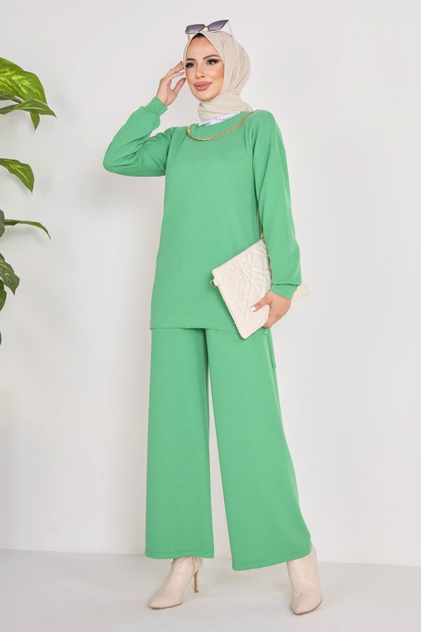 Düz Bisiklet Yaka Kadın Yeşil Tunik+Pantolon - 23039