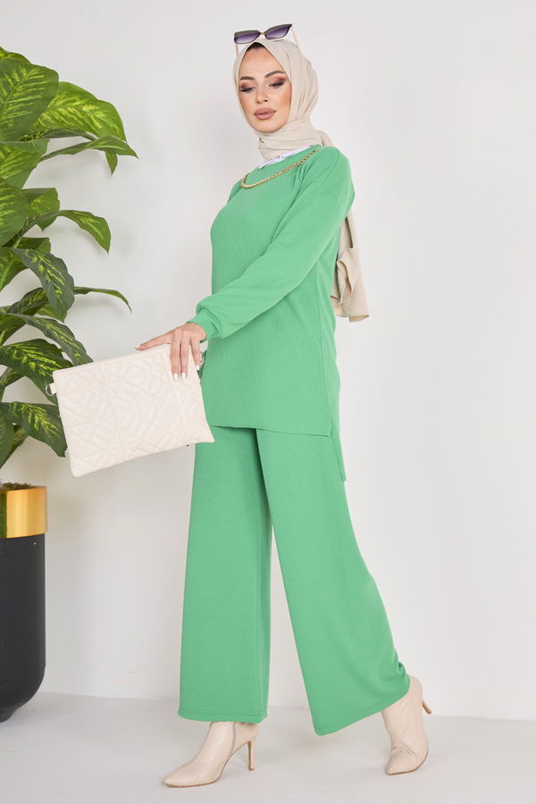 Düz Bisiklet Yaka Kadın Yeşil Tunik+Pantolon - 23039