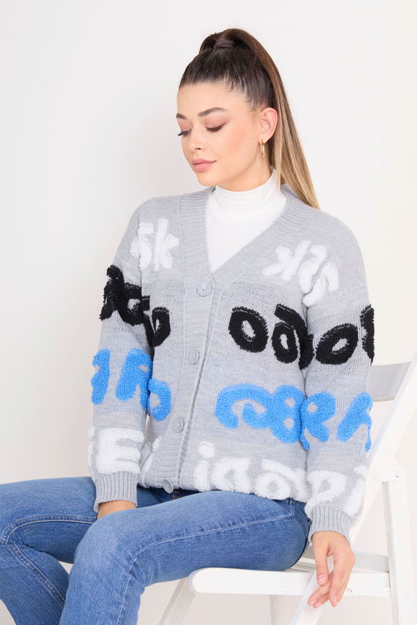 Düz Ceket Yaka Kadın Gri Triko Hırka - 23098