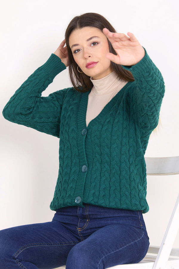 Düz Ceket Yaka Kadın Yeşil Triko Hırka - 23091 YEŞİL