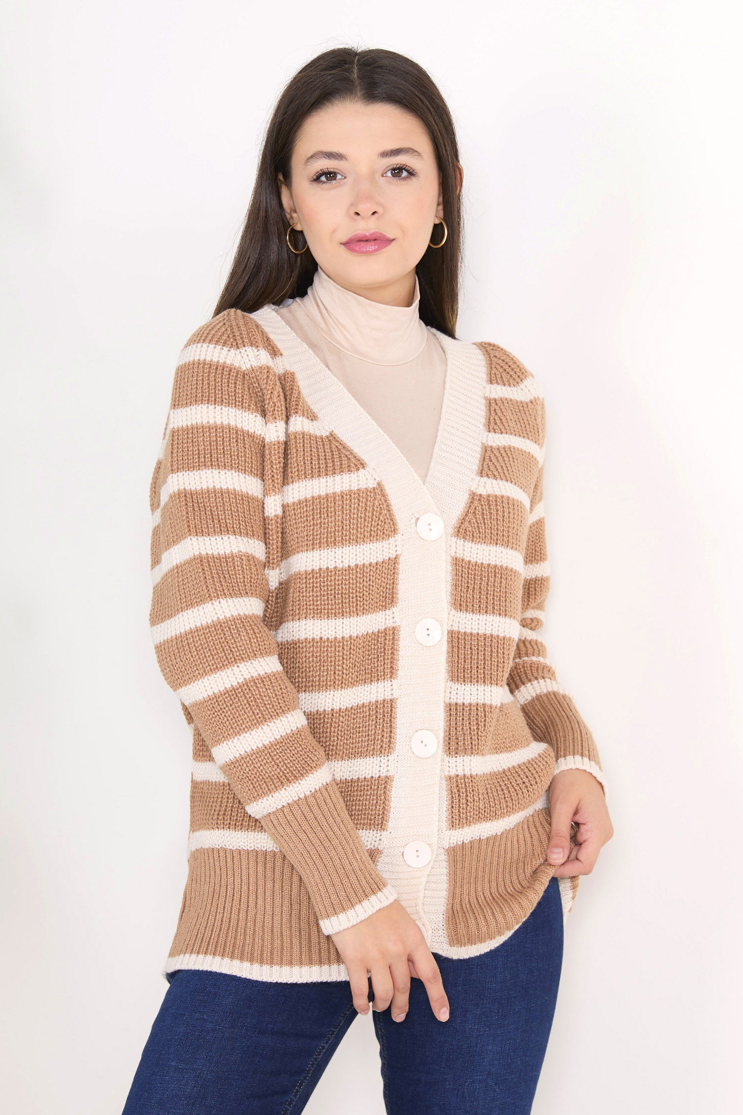 Düz Ceket Yaka Kadın Vizon Triko Hırka - 23095