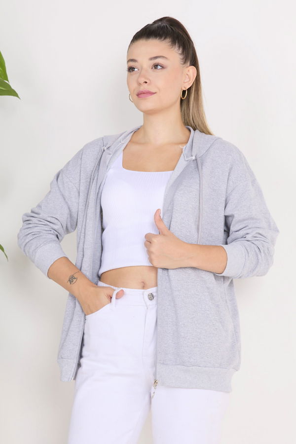 Düz Kapşonlu Yaka Kadın Gri Kapşunlu Sweat - 23133
