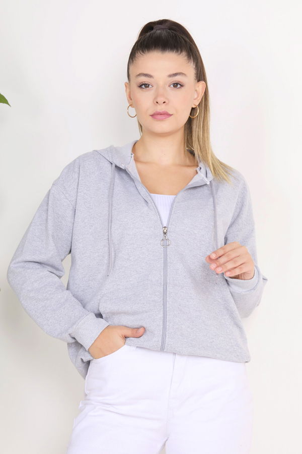 Düz Kapşonlu Yaka Kadın Gri Kapşunlu Sweat - 23133