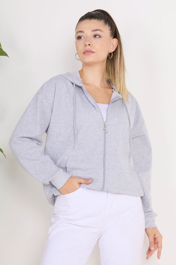 Düz Kapşonlu Yaka Kadın Gri Kapşunlu Sweat - 23133