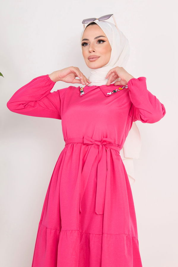 Düz Gömlek Yaka Kadın Fuşya Elbise - 11655
