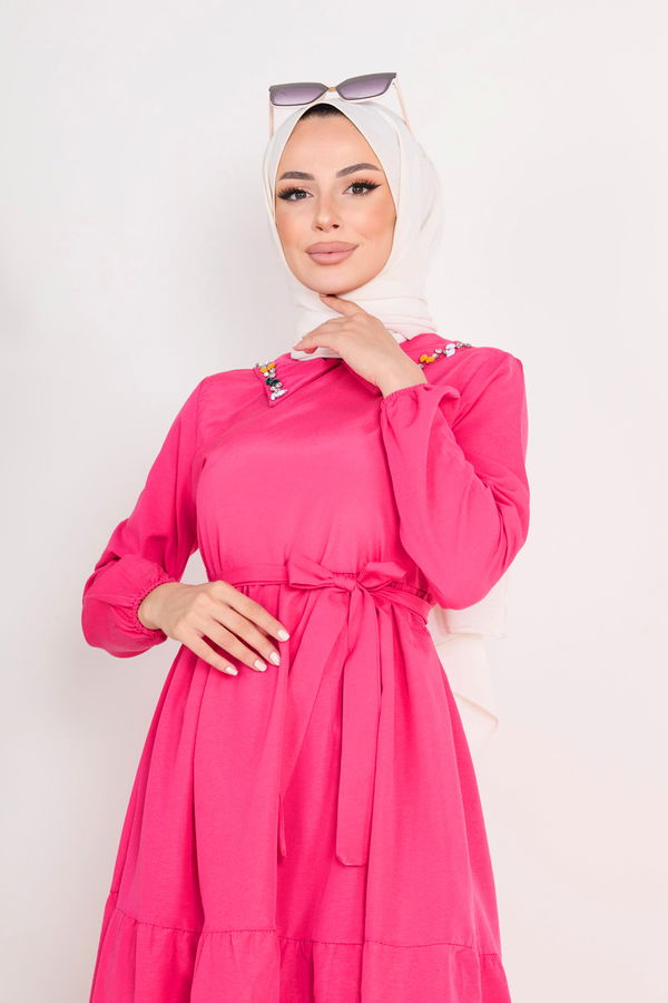 Düz Gömlek Yaka Kadın Fuşya Elbise - 11655