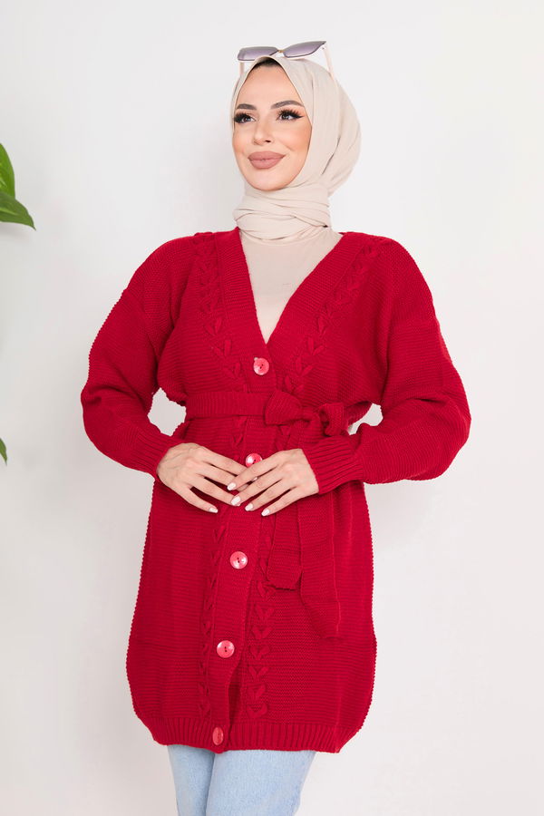 Düz Ceket Yaka Kadın Kırmızı Triko Hırka - 23103 Kırmızı