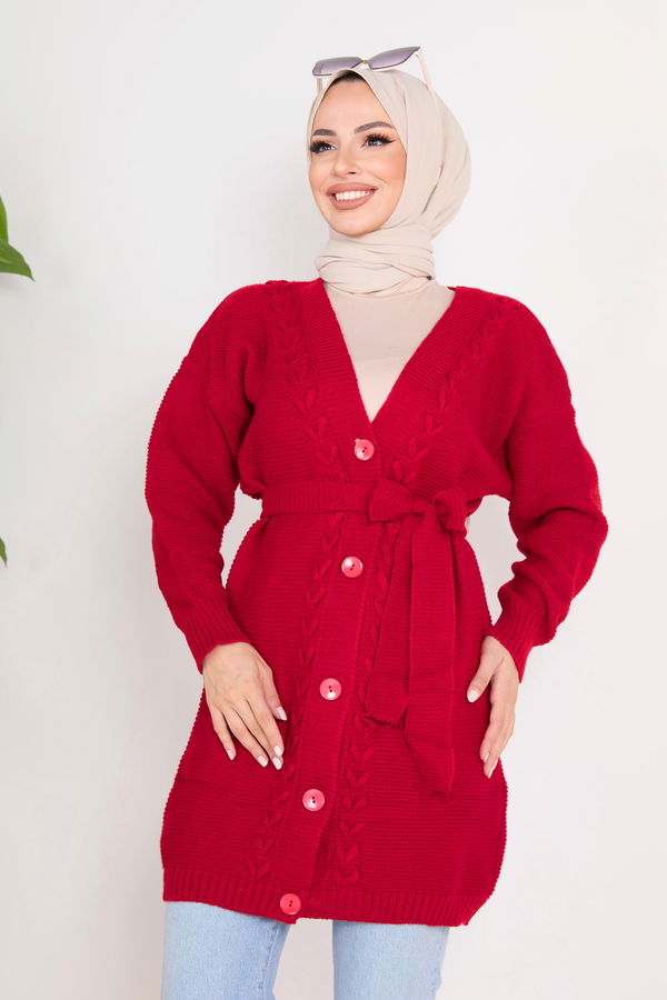 Düz Ceket Yaka Kadın Kırmızı Triko Hırka - 23103 Kırmızı