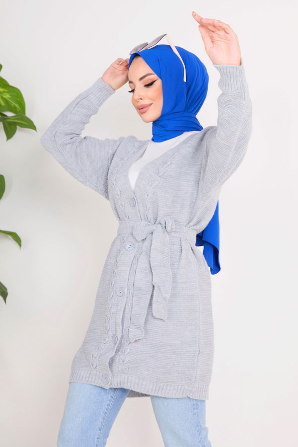 Düz Ceket Yaka Kadın Gri Triko Hırka - 23103 GRİ