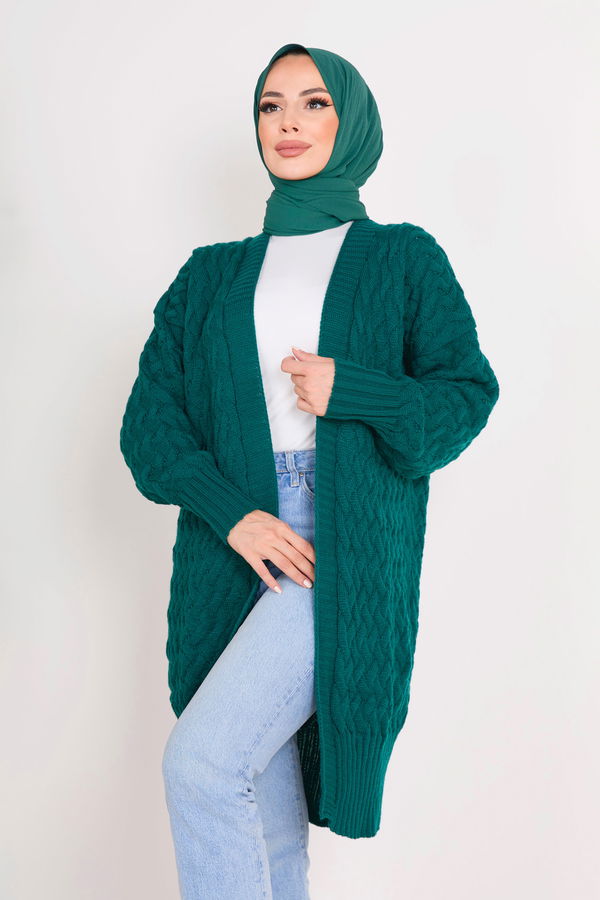 Düz Ceket Yaka Kadın Yeşil Triko Hırka - 23104