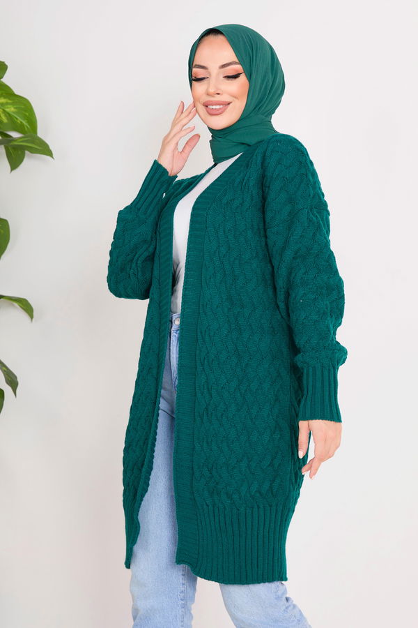 Düz Ceket Yaka Kadın Yeşil Triko Hırka - 23104