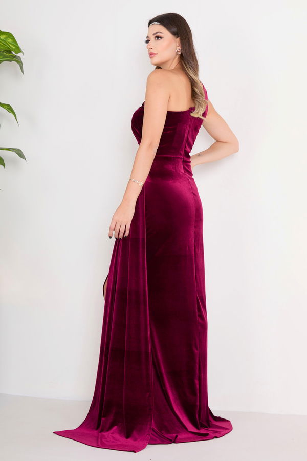 Düz Orta Kadın Bordo Abiye Elbise - 23146