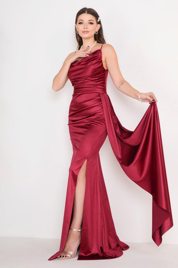 Düz Orta Kadın Bordo Abiye Elbise - 23149 BORDO