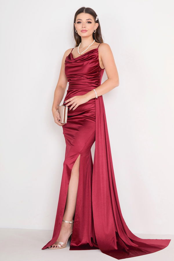 Düz Orta Kadın Bordo Abiye Elbise - 23149 BORDO