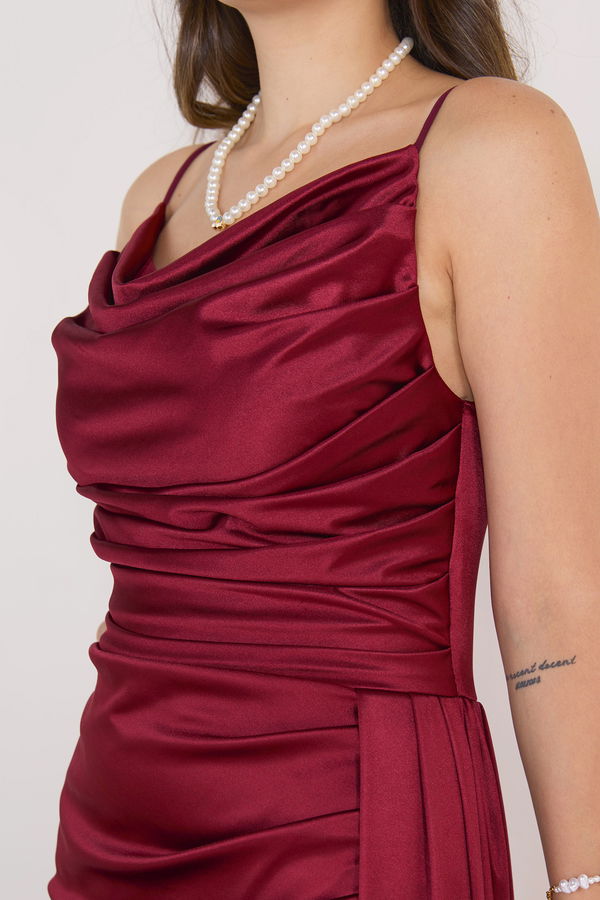 Düz Orta Kadın Bordo Abiye Elbise - 23149 BORDO