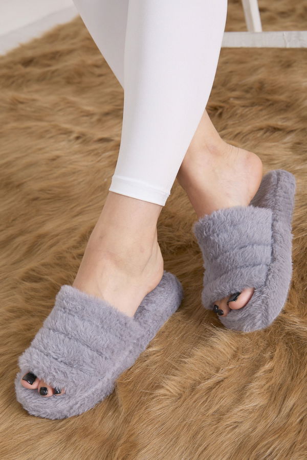 Kadın Gri Peluş Ön Açık Terlik - 23322 GRİ