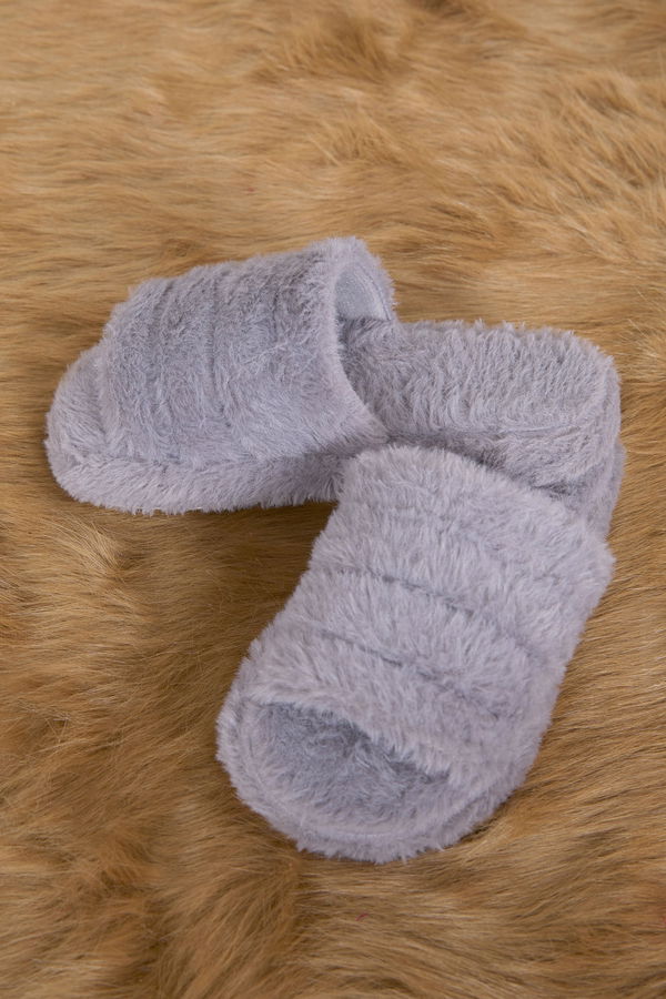 Kadın Gri Peluş Ön Açık Terlik - 23322 GRİ