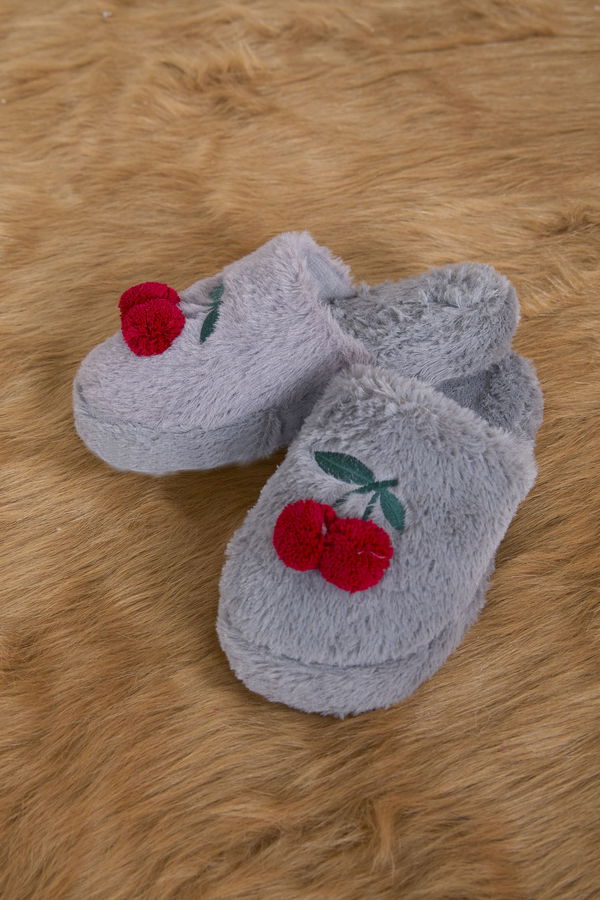 Kadın Gri Peluş Kirazlı Ev Terliği - 23324 GRİ