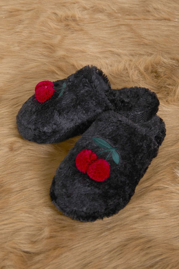 Kadın Siyah Peluş Kirazlı Ev Terliği - 23324
