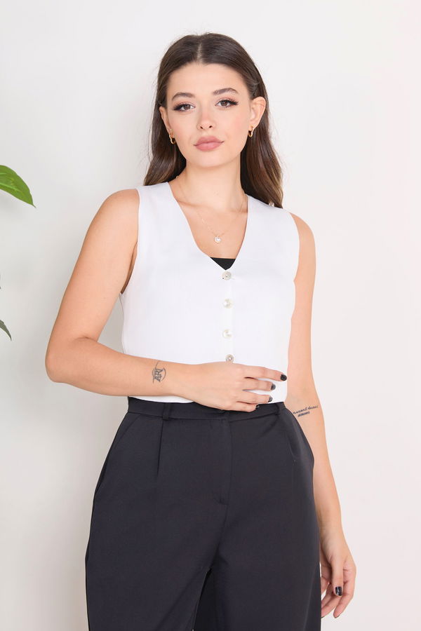 Düz Orta Kadın Beyaz Triko Hırka - 23359 BEYAZ