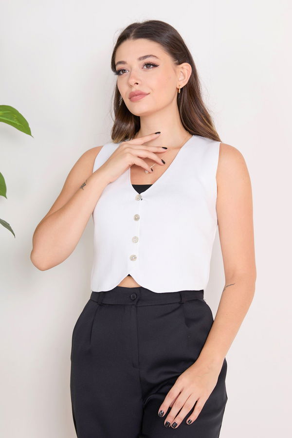 Düz Orta Kadın Beyaz Triko Hırka - 23359 BEYAZ