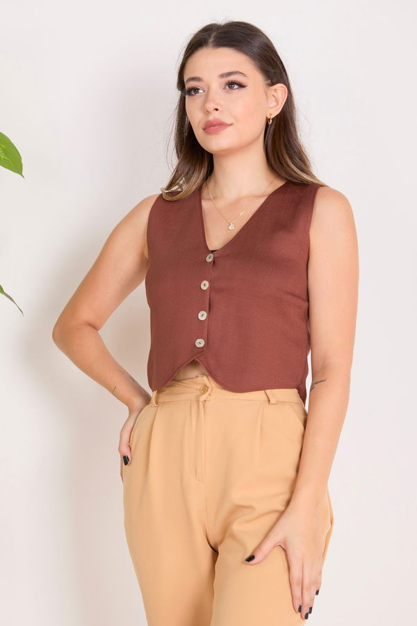 Düz Orta Kadın Kahverengi Triko Hırka - 23359 KAHVERENGİ