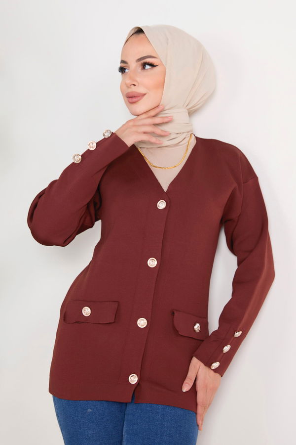 Düz Orta Kadın Kahverengi Triko Hırka - 23366