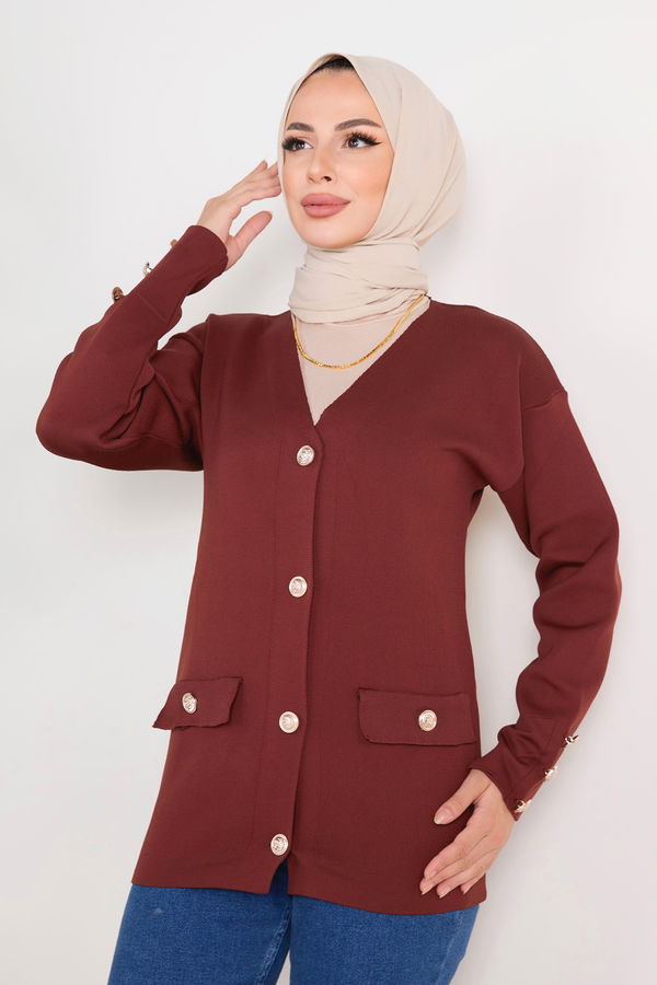 Düz Orta Kadın Kahverengi Triko Hırka - 23366