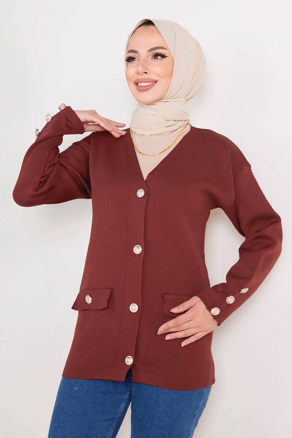 Düz Orta Kadın Kahverengi Triko Hırka - 23366