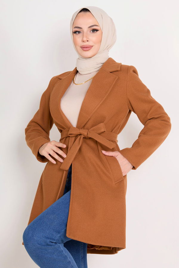 Düz Gömlek Yaka Kadın Taba Kaşe Kaban - 23383