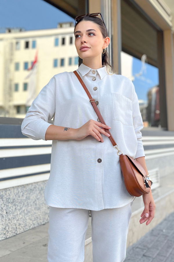 Düz Gömlek Yaka Kadın Ekru Tunik+Pantolon - 13018