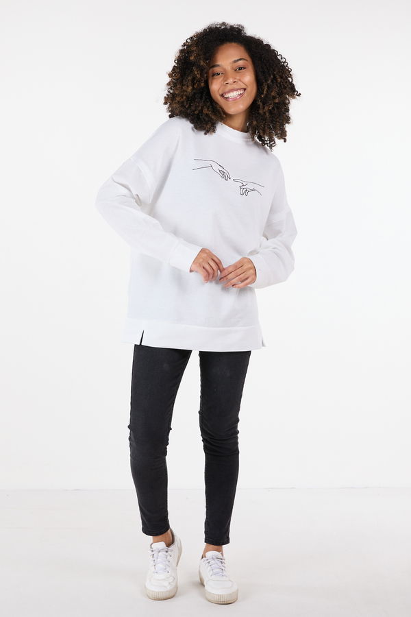 Düz Bisiklet Yaka Kadın Beyaz Sweat - 23420 BEYAZ
