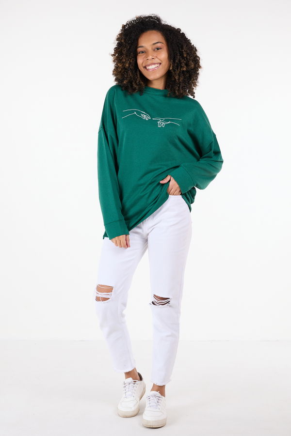 Düz Bisiklet Yaka Kadın Yeşil Sweat - 23420 YEŞİL