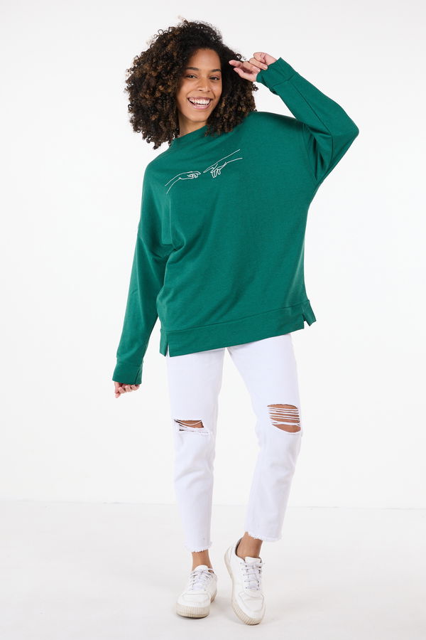 Düz Bisiklet Yaka Kadın Yeşil Sweat - 23420 YEŞİL