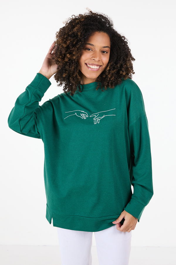 Düz Bisiklet Yaka Kadın Yeşil Sweat - 23420 YEŞİL