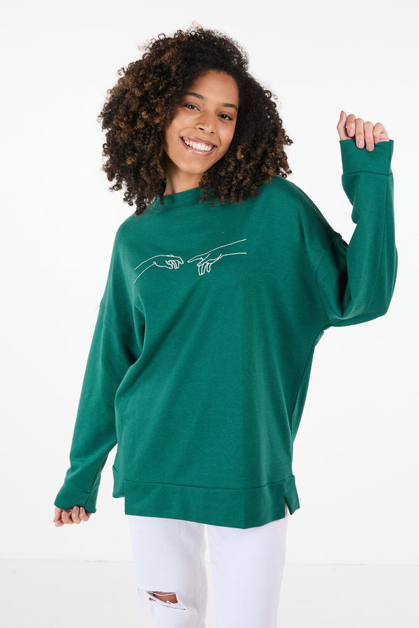 Düz Bisiklet Yaka Kadın Yeşil Sweat - 23420 YEŞİL
