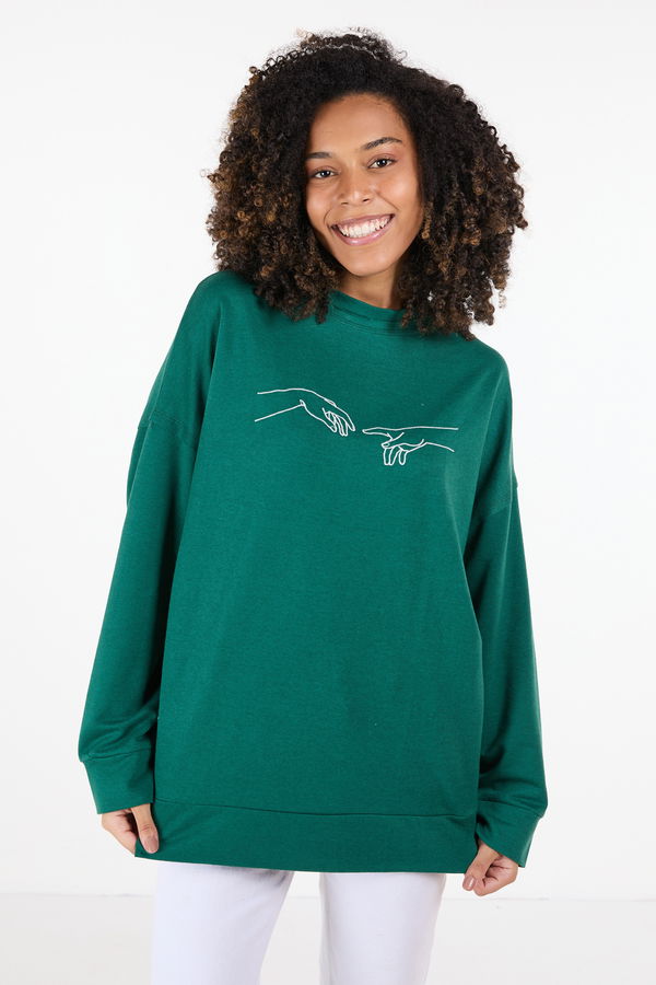 Düz Bisiklet Yaka Kadın Yeşil Sweat - 23420 YEŞİL
