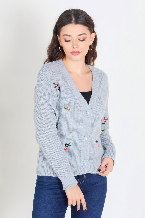 Düz Orta Kadın Gri Triko Hırka - 23407