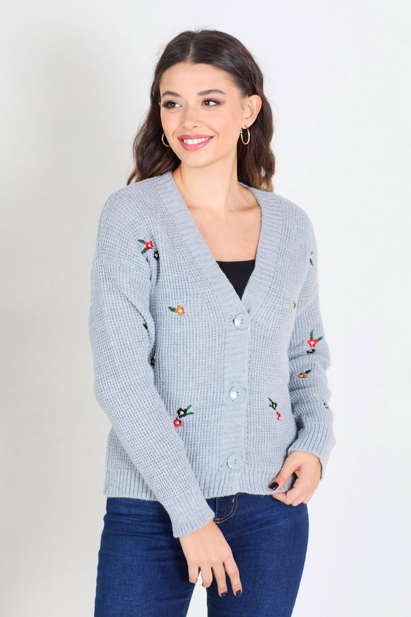 Düz Orta Kadın Gri Triko Hırka - 23407