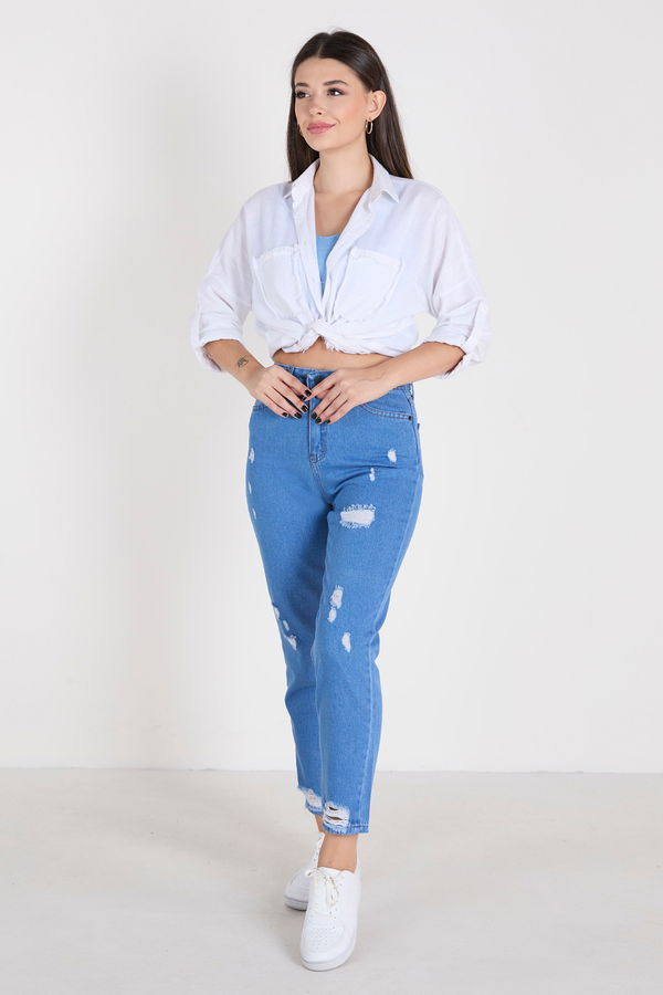 Düz Orta Kadın Mavi Kot Pantolon - 23394