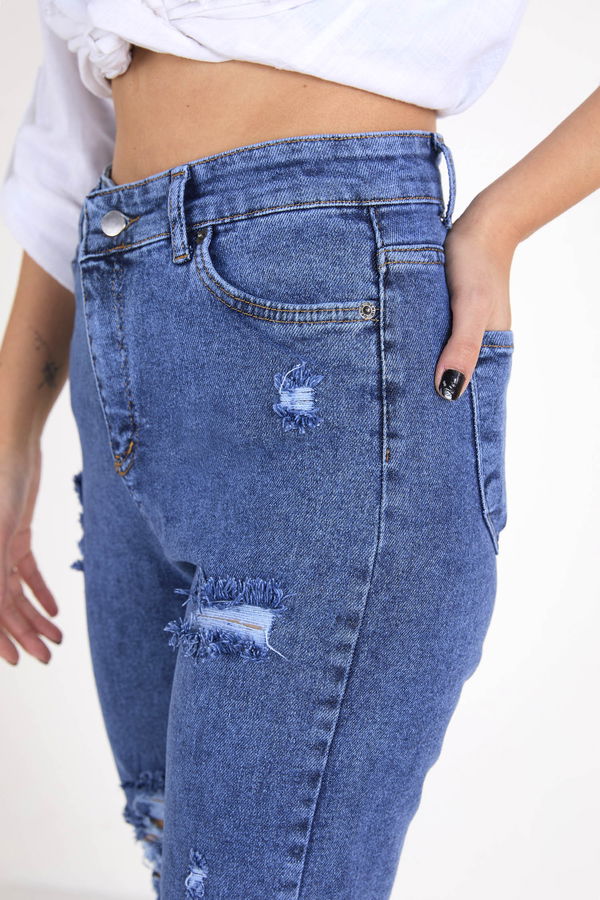 Düz Orta Kadın Mavi Kot Pantolon - 23397
