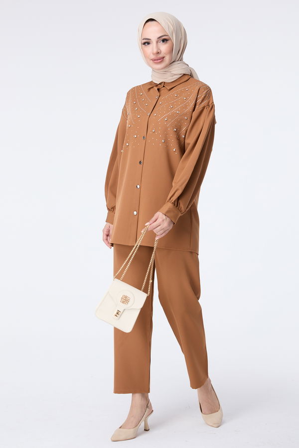 Düz Gömlek Yaka Kadın Taba Tunik Pantolon - 23435 TABA
