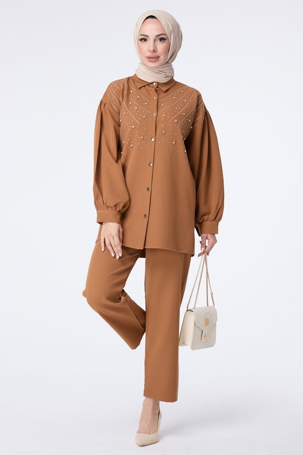 Düz Gömlek Yaka Kadın Taba Tunik Pantolon - 23435 TABA
