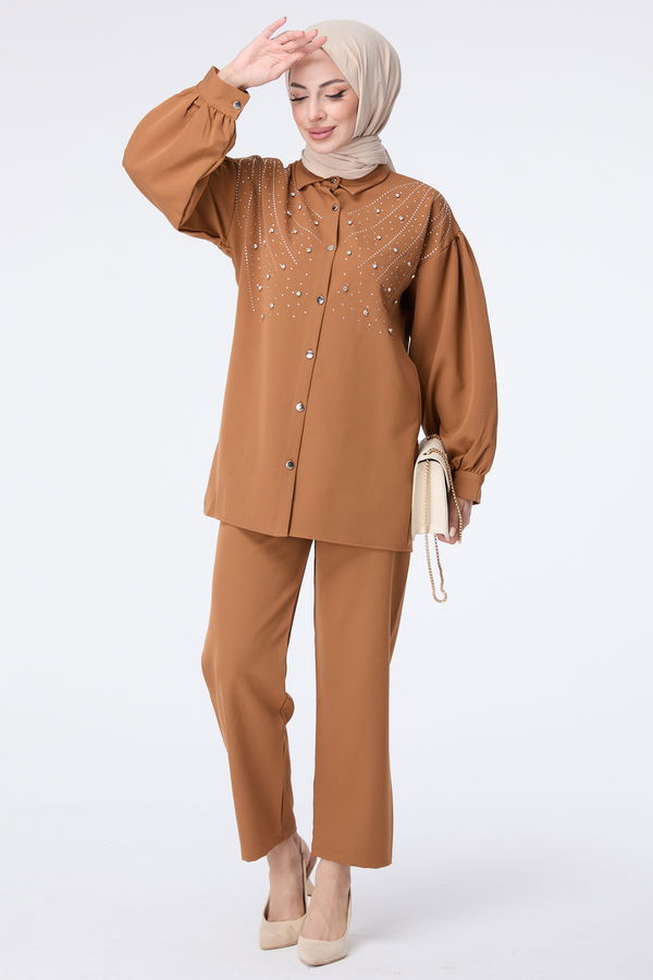 Düz Gömlek Yaka Kadın Taba Tunik Pantolon - 23435 TABA