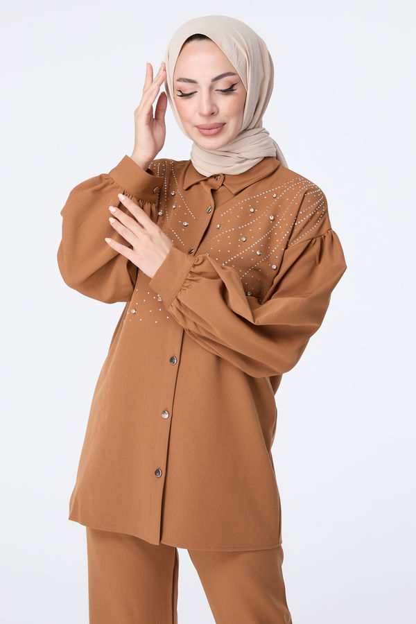 Düz Gömlek Yaka Kadın Taba Tunik Pantolon - 23435 TABA