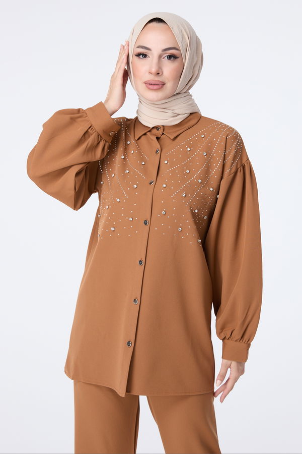 Düz Gömlek Yaka Kadın Taba Tunik Pantolon - 23435 TABA